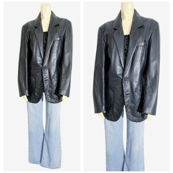 Vintage Black Leather Blazer Coat / size Medium - Picture 7 of 14